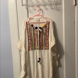 Colorful Embroidered coverup with Pom poms